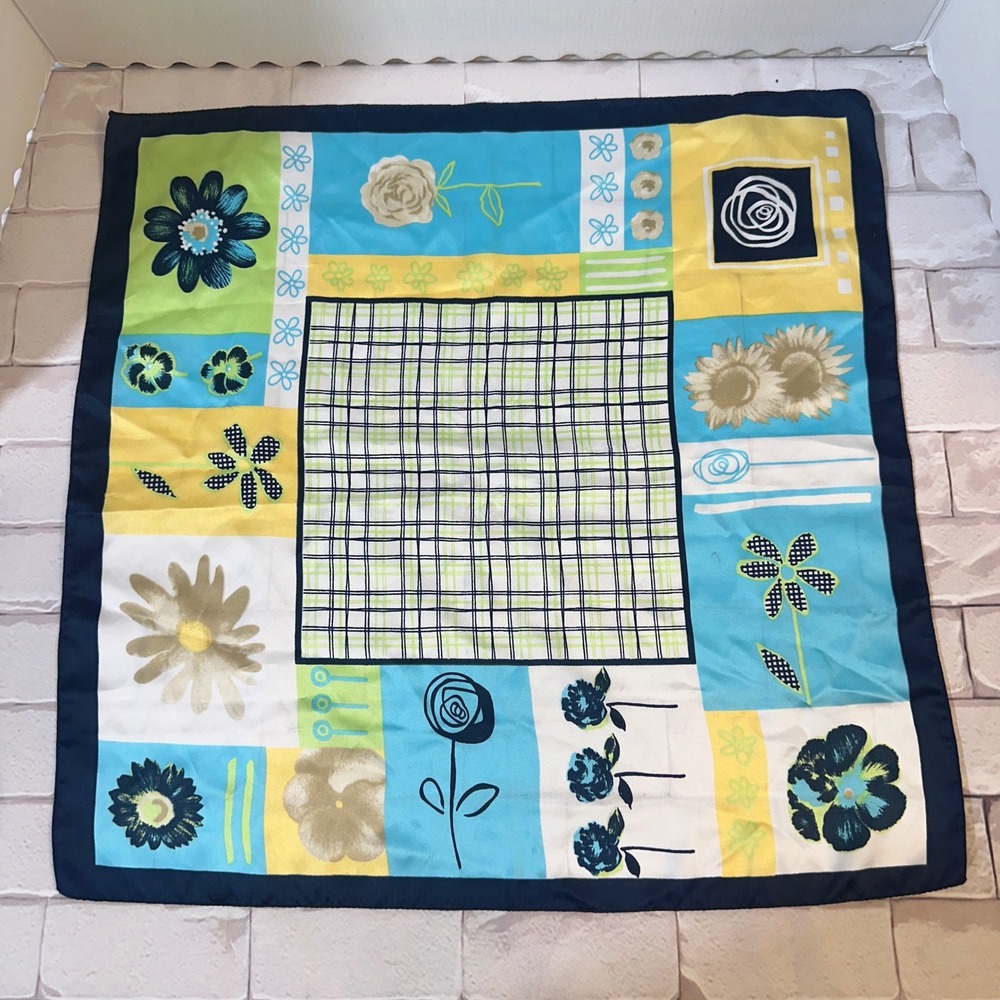 Made in Italy Floral Patchwork Square Scarf Blue Yellow Green Polyester 21in